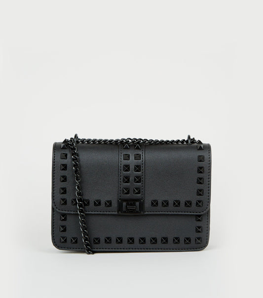 Black Leather Look Stud Chain Shoulder Bag